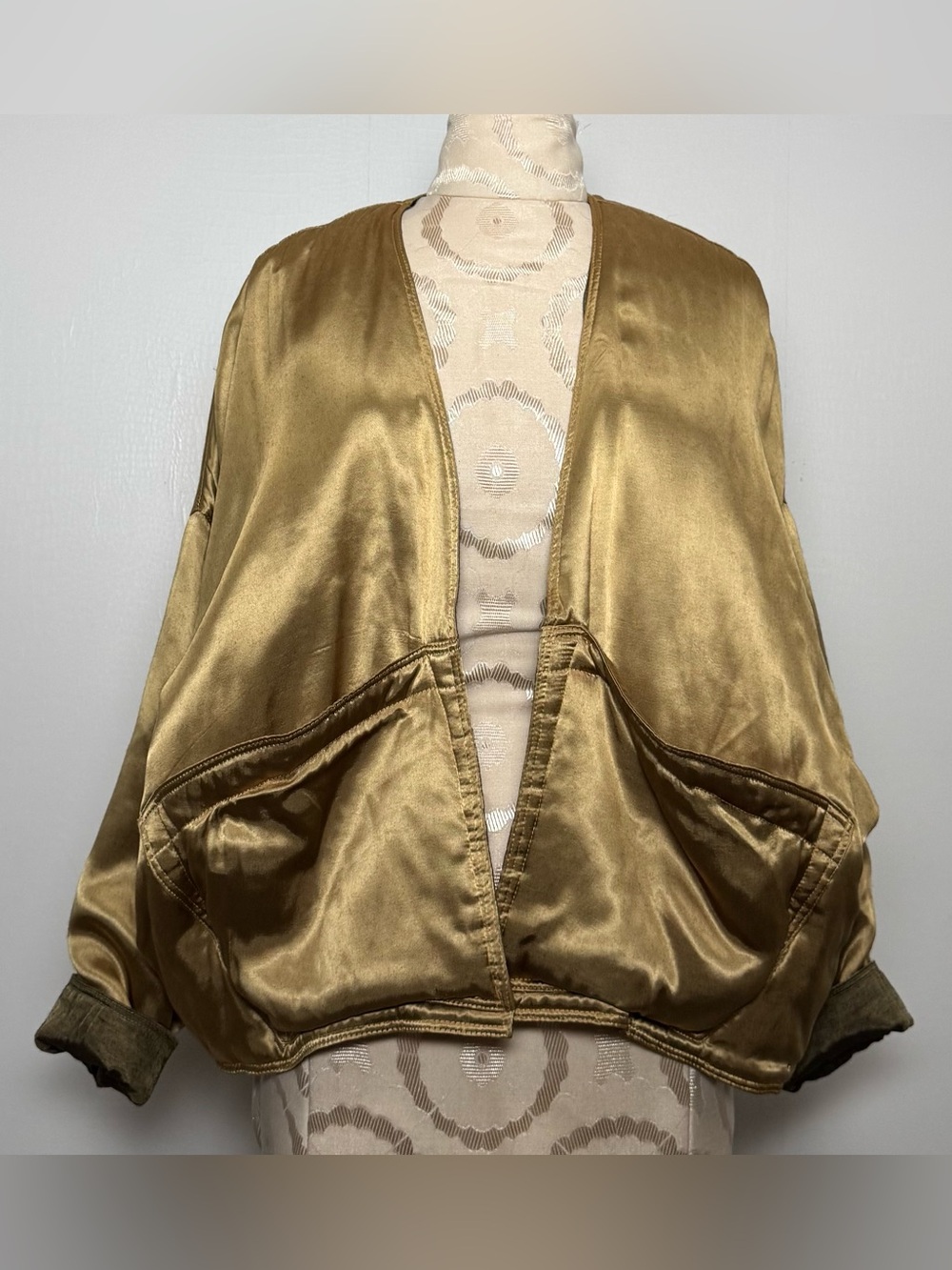 Vintage Gold Satin Puffer Blazer Open Front Oversized Made USA